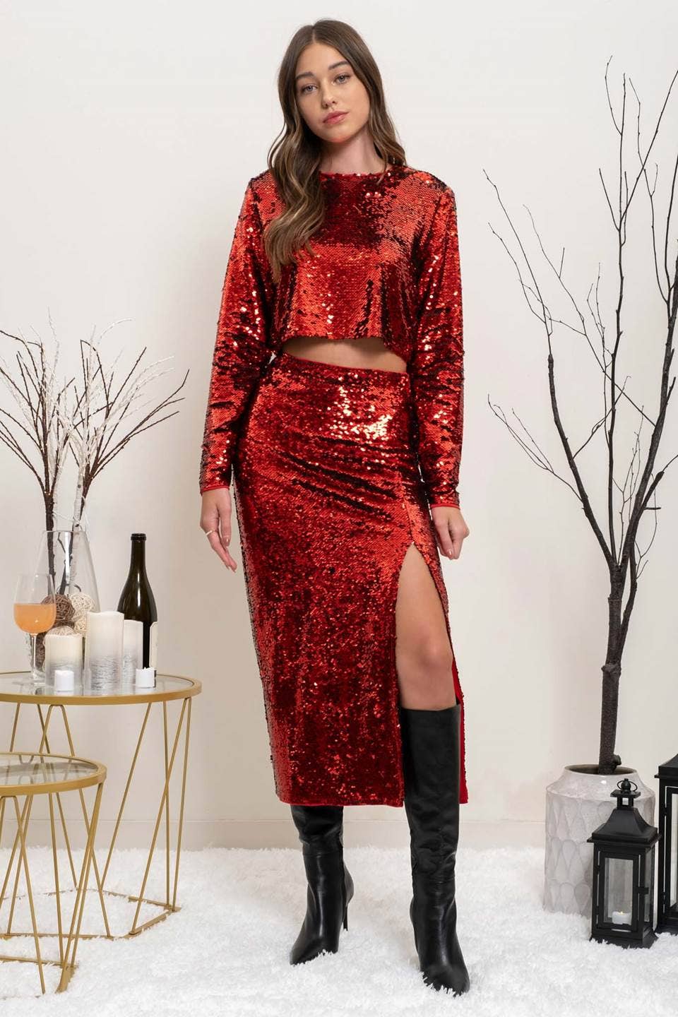 Red sequin midi skirt sales